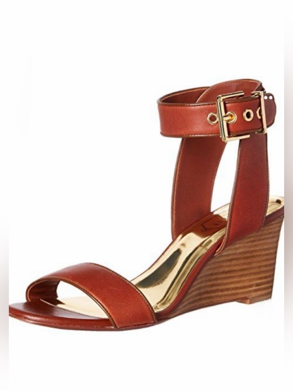 Ted Baker 39 Lernox Camel Brown Trim Stacked Wedge Sandals Gold Tone Hardware
